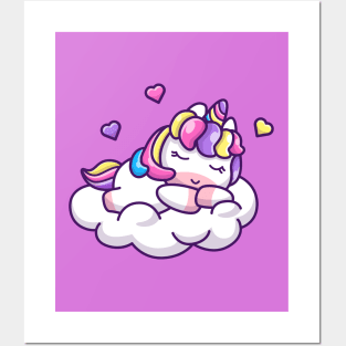 Cute Unicorn Sleeping On Cloud Cartoon Posters and Art